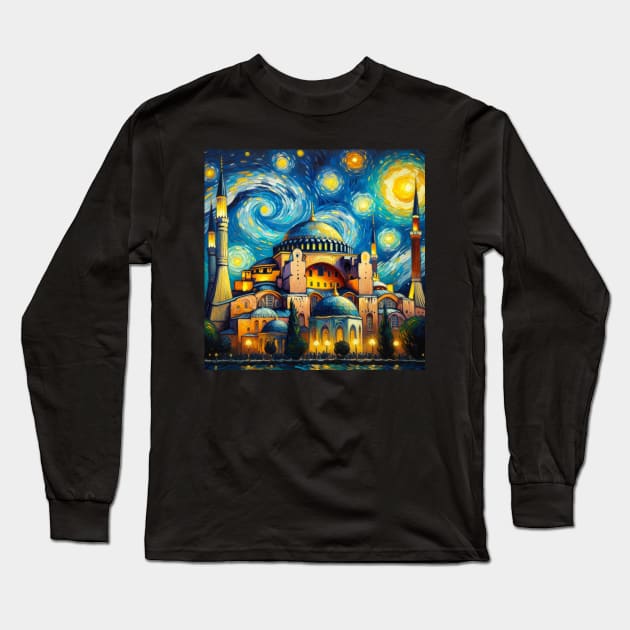 Hagia Sophia Istanbul Starry Night - Beautiful Iconic Places Long Sleeve T-Shirt by Edd Paint Something